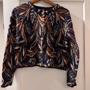 TAHARI Navy and Brown Leaf Pattern Cardigan